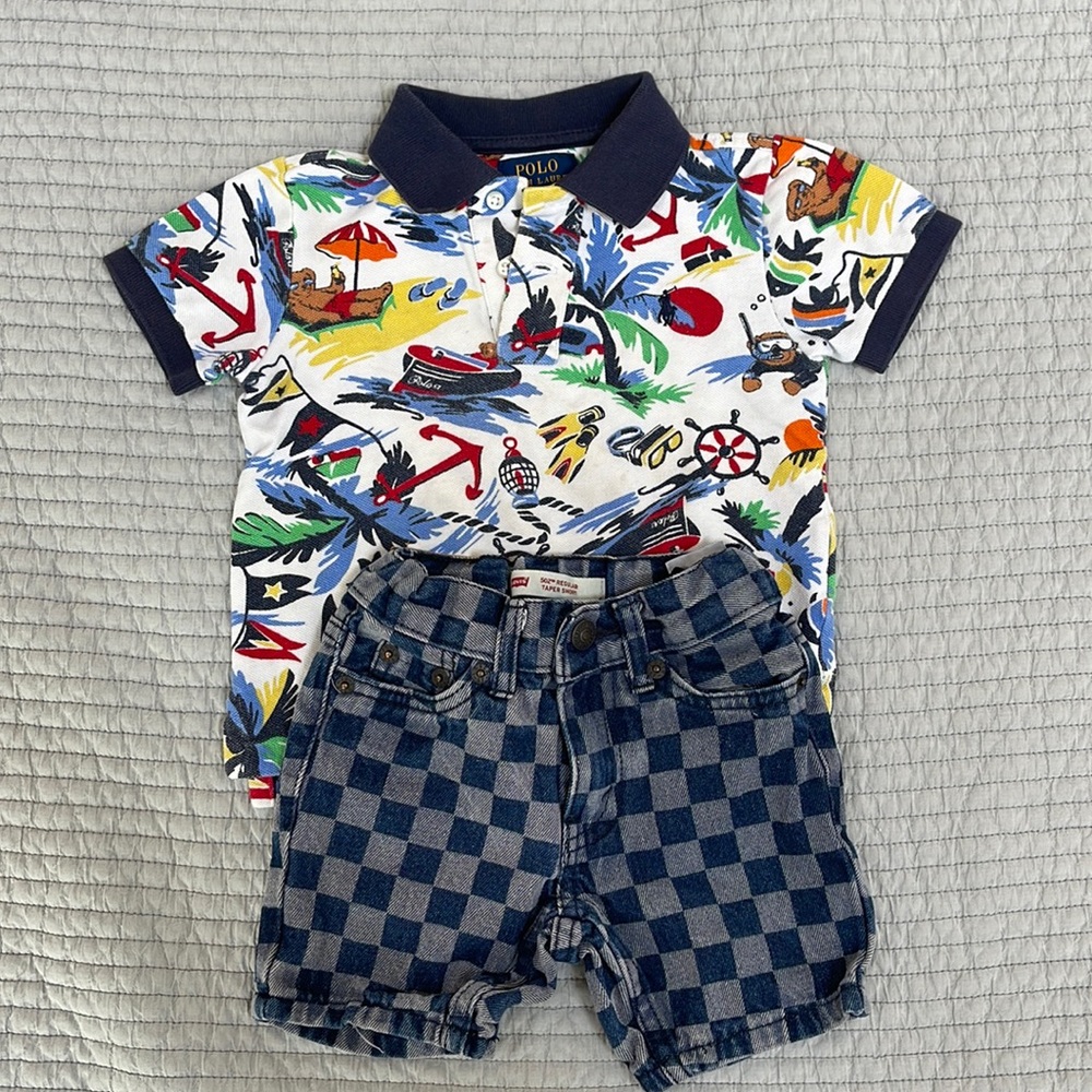 Bundle: RL Polo Shirt + Levi’s checker denim shorts 2T